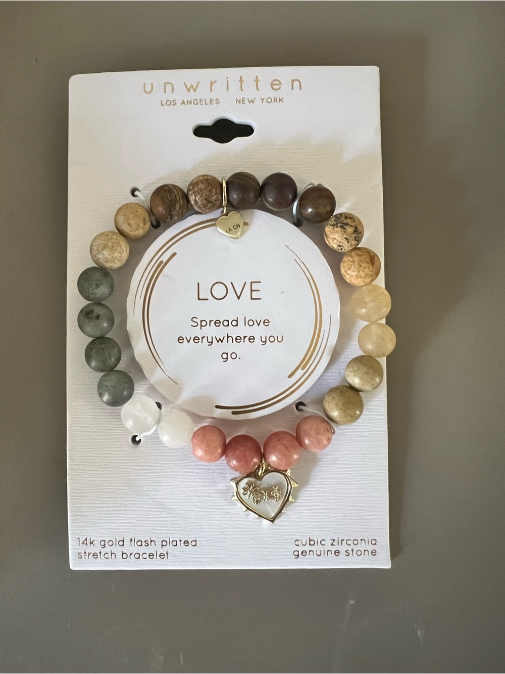 Unwritten Multicolor Natural Stone Beaded Bracelet Set with Gold Heart Charms